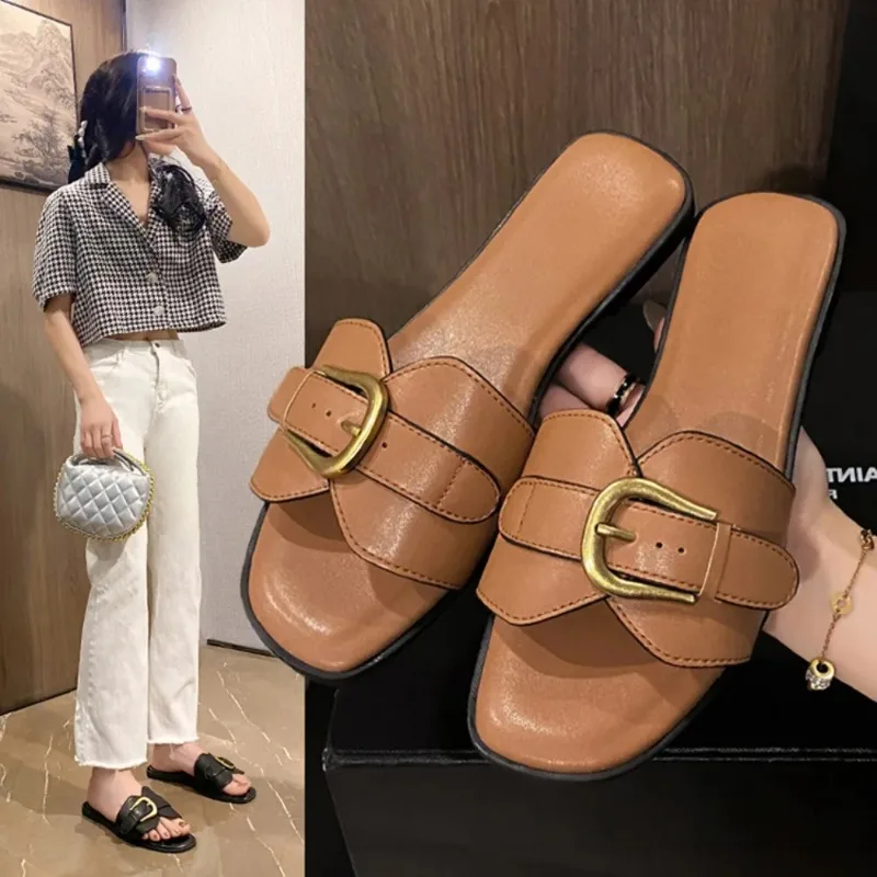 

Summer Women Slippers Leather Square Toe Women Flats Flip Flops Designer Ladies Slides Sandals Women Shoes Luxury Sandals