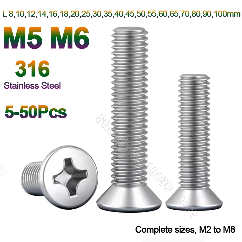 5-50pcs M5 M6 GB819 Marine Grade 316 A4 Stainless Steel Cross Phillips Flat Countersunk Head Bolt Screw Length 8 10 12 14-100mm