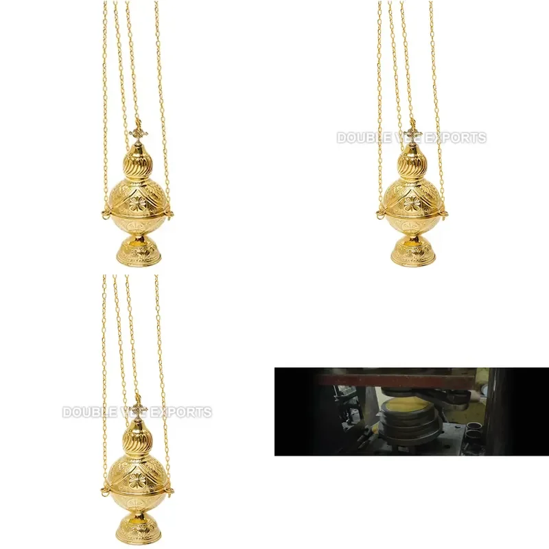 Brass Traditional Design Church Censer with Hanging Chains | Orthodox Incense Burner-Double VeeExports Made in India