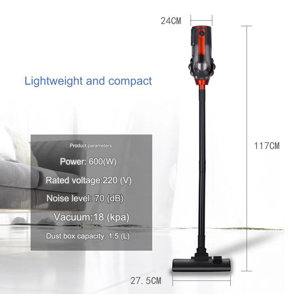 Multifunctionl 600W Powerful Wired Stick Vacuum Cleaner 18Kpa with 5 meter Charging cable,1.5L Dust Box,Curtain Floor Cleaning