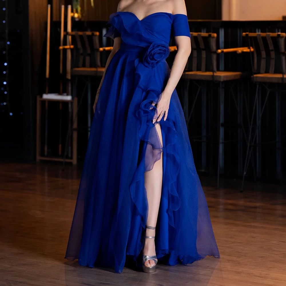 

A-line Mermaid Evening Dresses Floor-length Off The Shoulder Short Sleeve Prom Gown Fashion Flowers Draped Customized Gowns