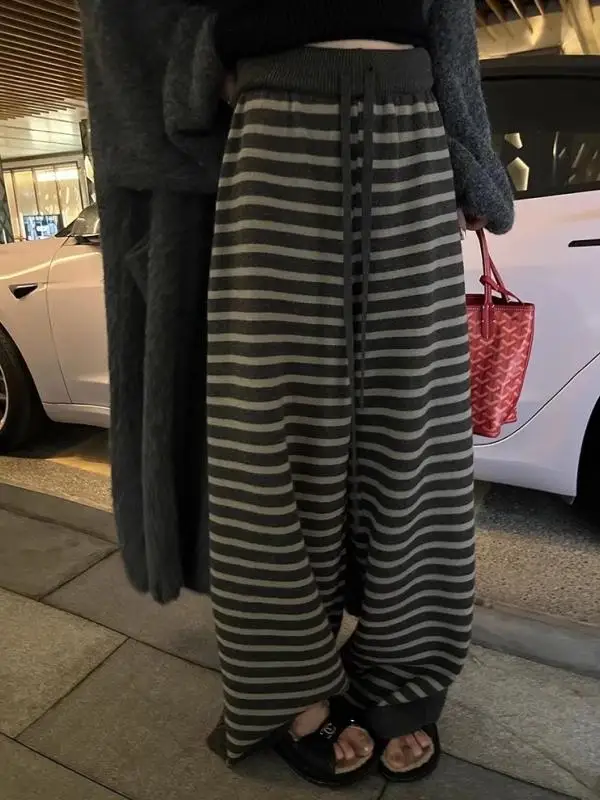 

Американские ретро-брюки в полоску, теплые, вязаные, повседневные, женские, широкие, удобные, мягкие, длинные, осенне-зимние, в стиле lazy style