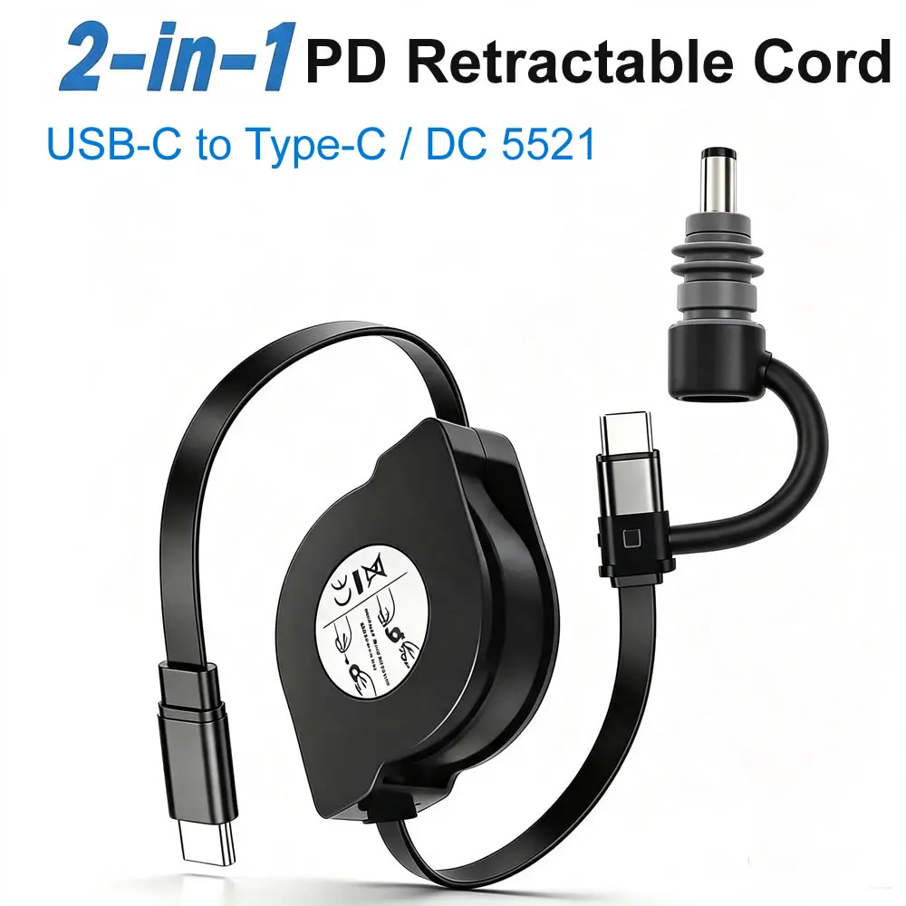 2M Starlink Mini Cable PD 65W USB C Retractable Cord, 2in1 USB-C Type-C to DC Power Cable for Starlink Mini and Type-C Devices