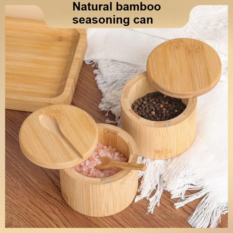 Premium Bamboo Seasoning Jar with Spoon Swivel Magnetic Closure Lid Salt Pepper Spice Container Keep Dry Seasoning Organizer