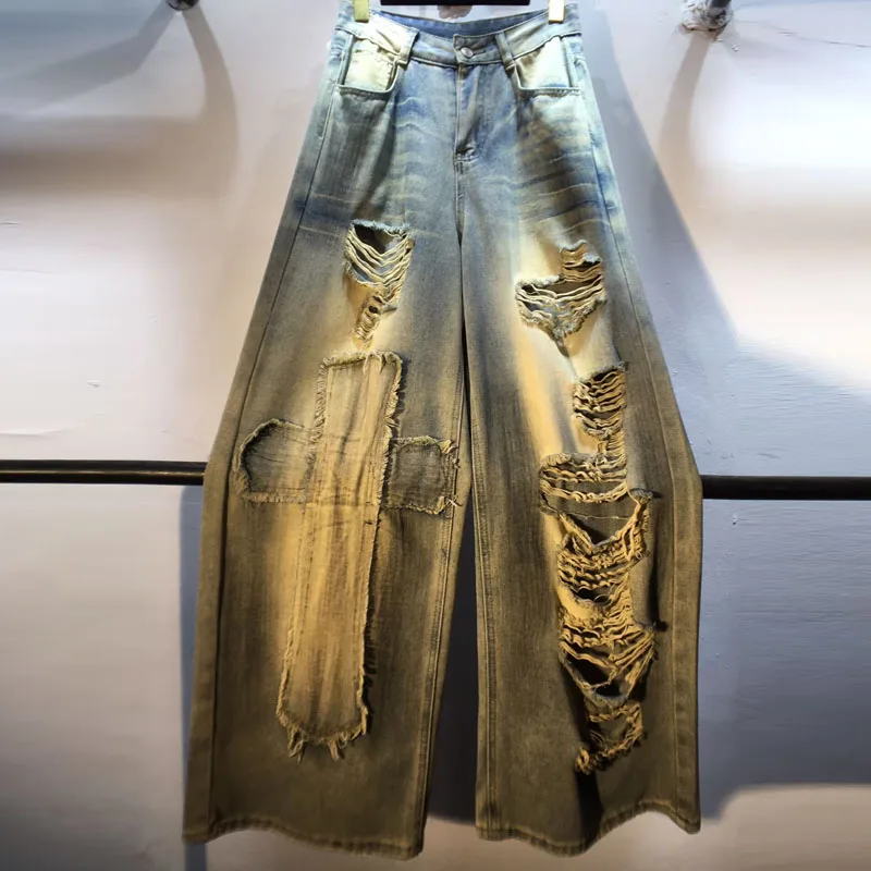 

European Street Spring and Summer New Cross Patch High Waist Skinny Ripped Wide Leg Straight Retro Jeans , Denim Trousers Women