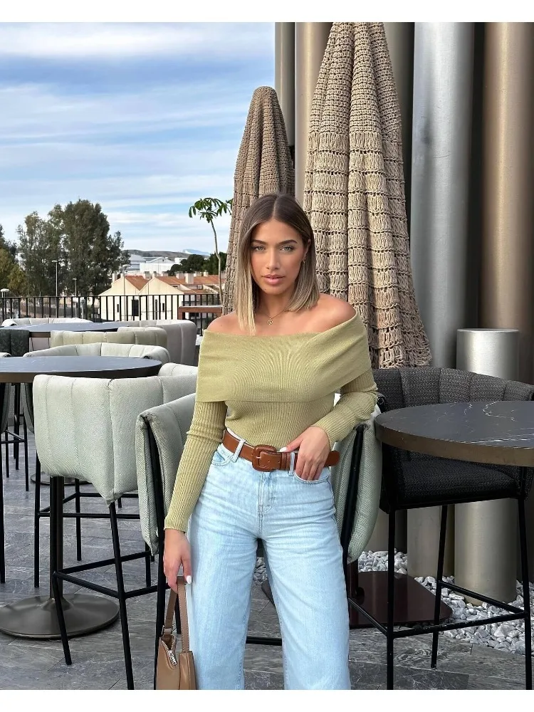 Women Off Shoulder Folded Collar Ribbed Knit Top 2024 Spring Summer Femme Long Sleeve Stretchable Tops T-shirts for Women