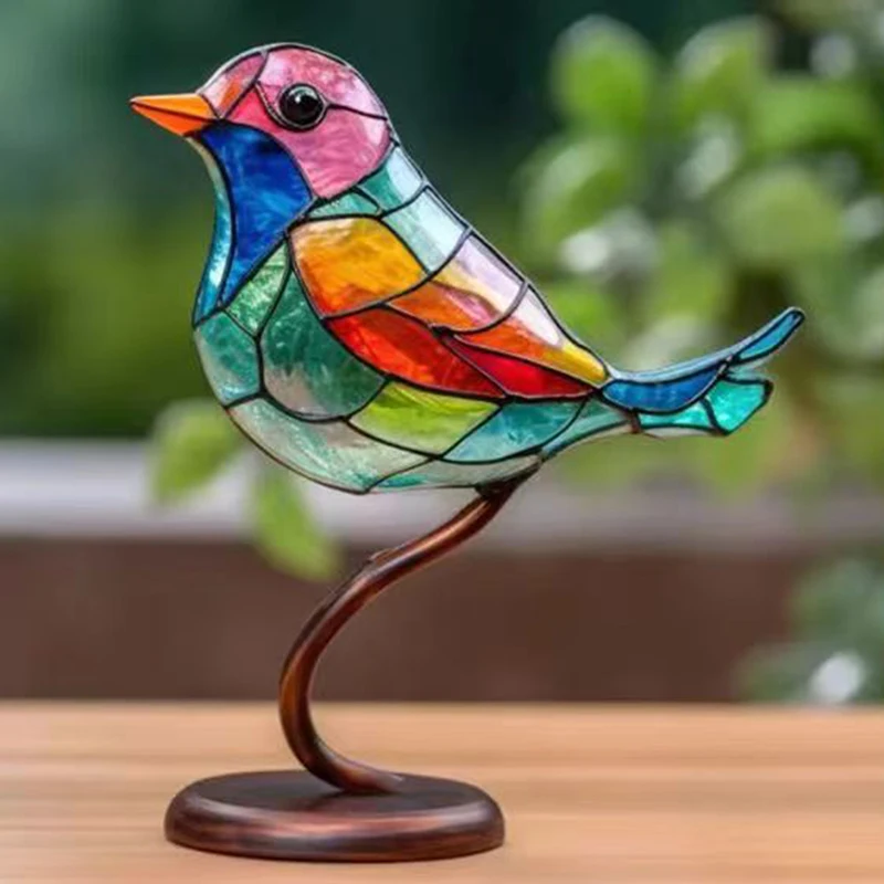 Oiseaux en acrylique teintés sur branche, ornements de bureau, double face, style multicolore, statue artisanale