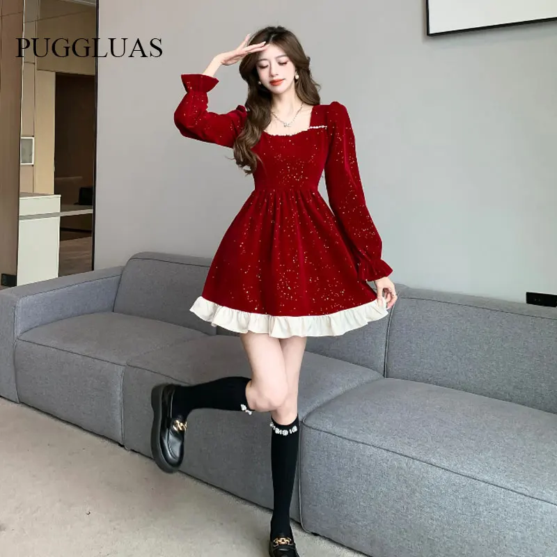 Autumn Vintage Party Dot Dresses Women Korea Elegant Chic Princess Square Collar Long Sleeve Retro Christmas New Year Mini Dress