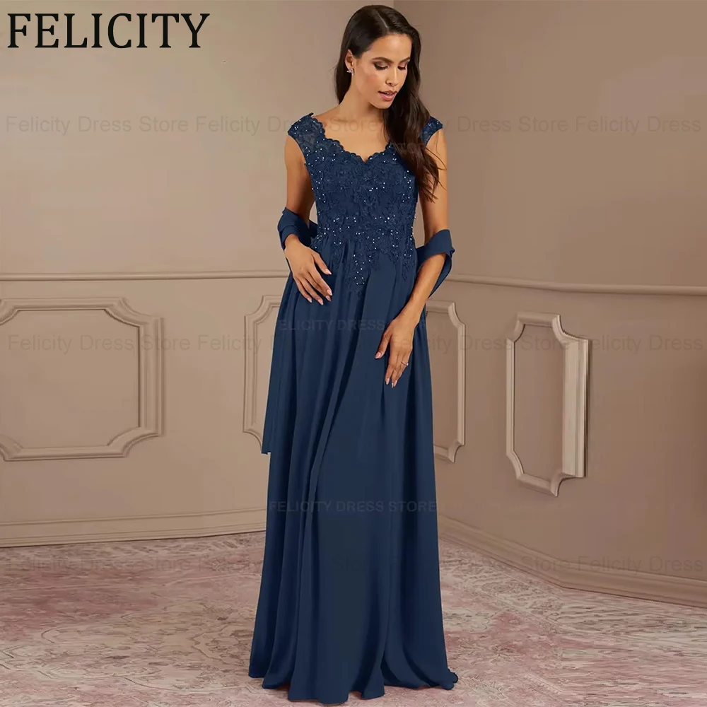 

Dark Navy Mother of the Bride Dresses 2025 Customized A-Line V-neck Chiffon Sequin Wedding Party Dresses Robes Invitée Mariage