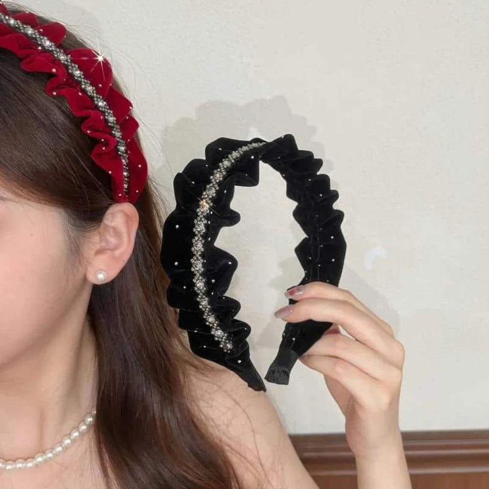 Элегантный бархатный плиссированный обруч для волос во французском стиле, головной убор, блестящая повязка на голову со стразами, полиэстер, красная женская повязка для волос с блестками, повседневная