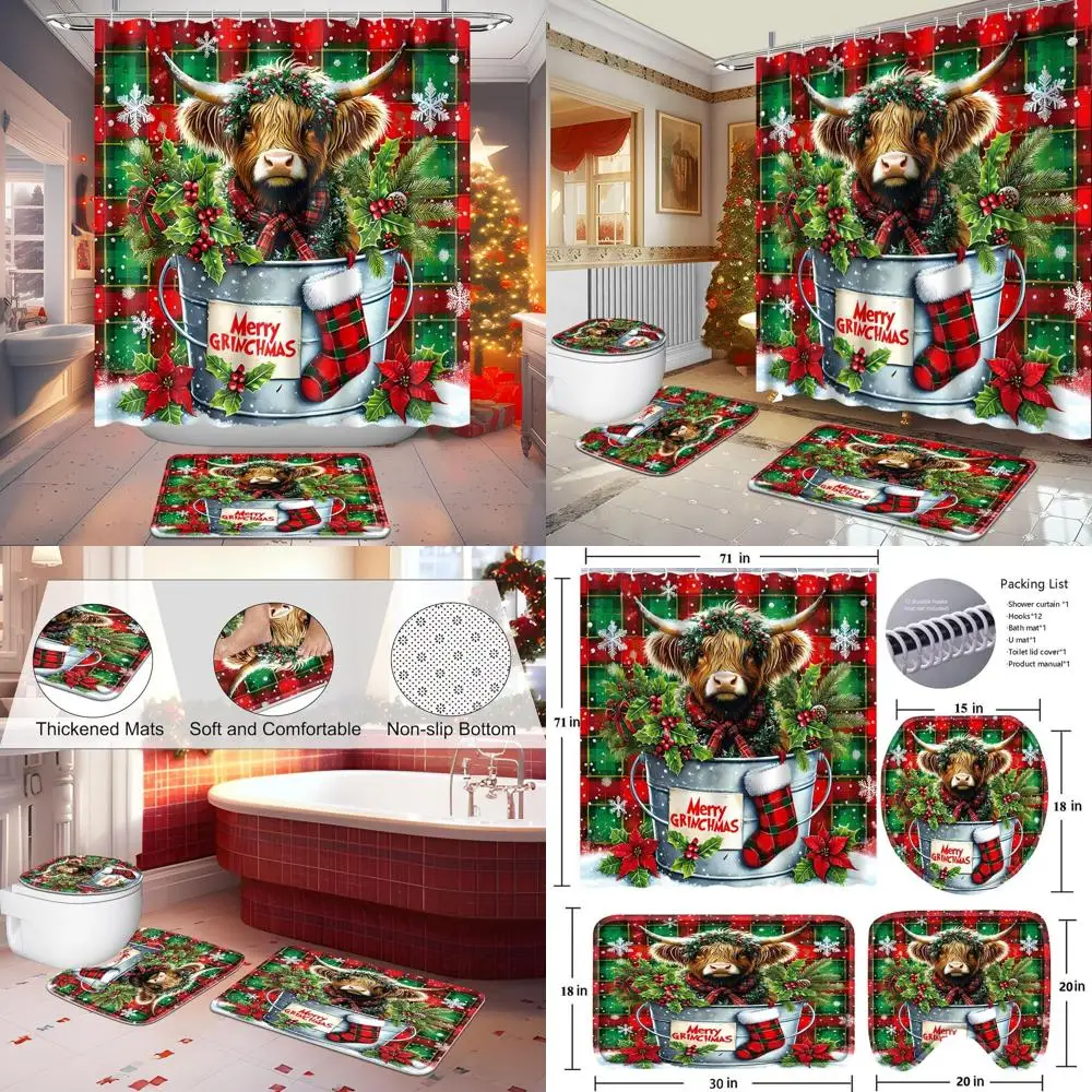 

Christmas Bathroom Set: 4-Piece Shower Curtain with Rugs, Hooks & Floor Mat