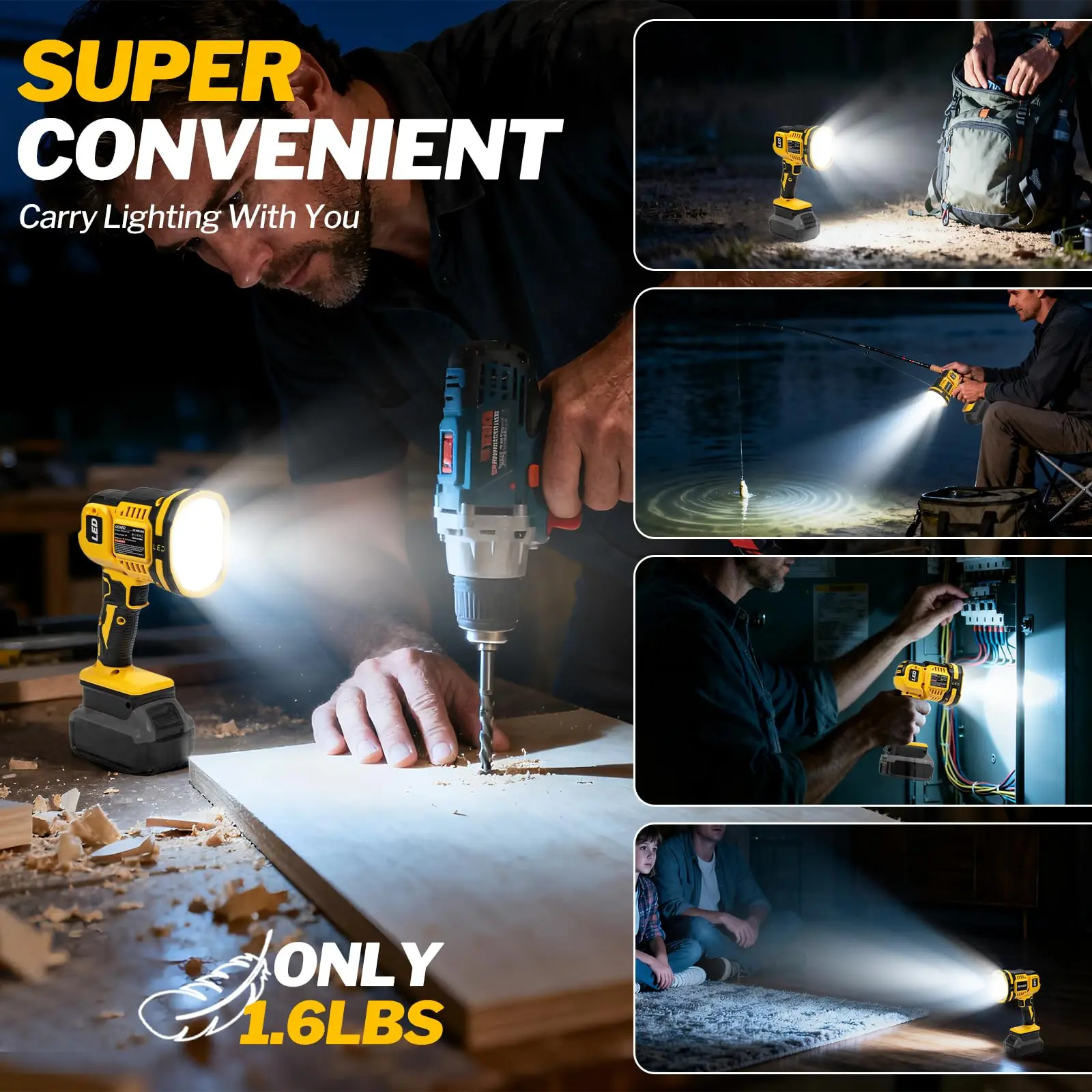 1500 Lumens Cordless LED Work Light Handheld Spotlight Pivoting Head 508 Yard Lighting Distance For Dewalt 20V Battery