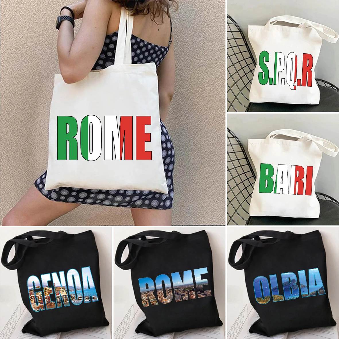 

Venice Viking Bari Brescia Capri Finland Florence Genoa Milan Kemi Messina Italy Letter Print Landscape Canvas Tote Bags Handbag