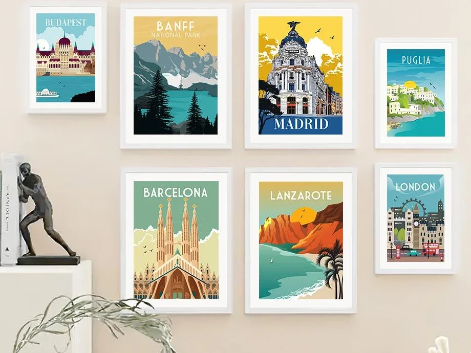 Nordic Cartoon Travel City Scenery Canvas Painting Poster, Madrid, London, Monaco, Dublin, Barcelona, New Zealand, Wall Art Pict