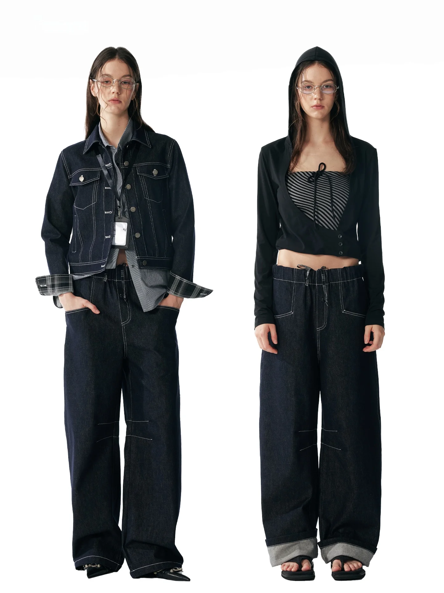 

Джинсы ALINNV свободного кроя в американском стиле, с оригинальной цветной строчкой, широкие штанины, женские, удобные, с эластичным поясом, повседневные, из хлопкового денима