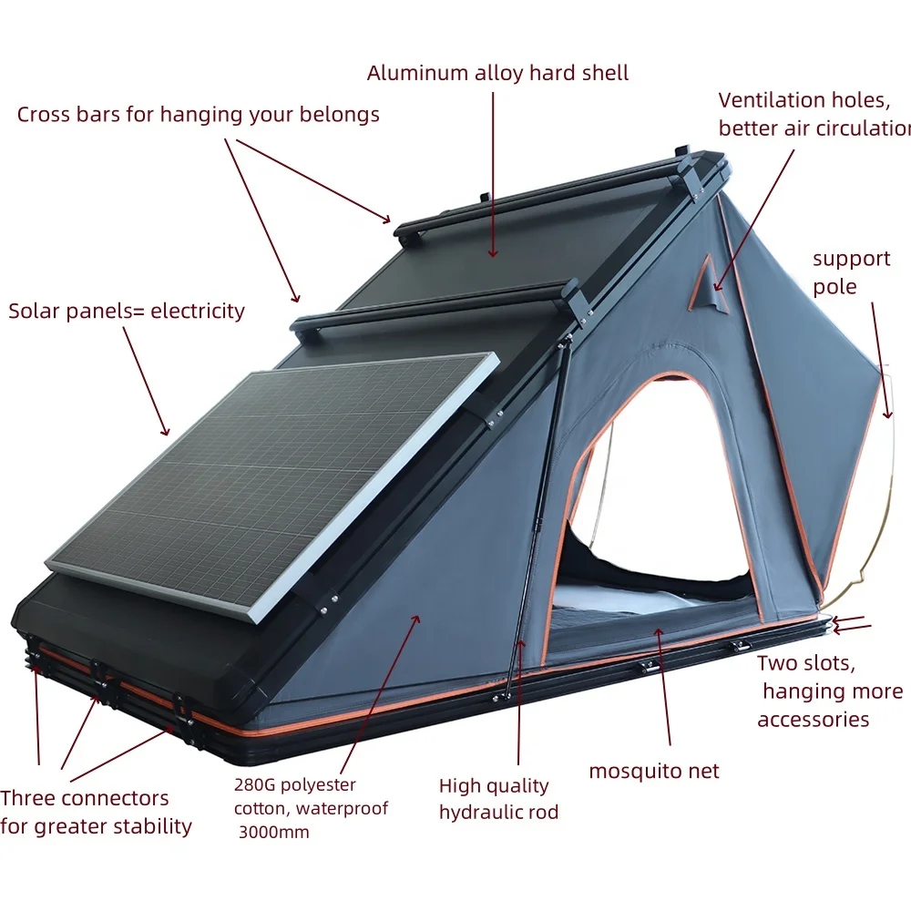 3-4 Person Triangle Solar Camping Roof top tent Aluminum Top  Tent with Clamshell Hard Shell