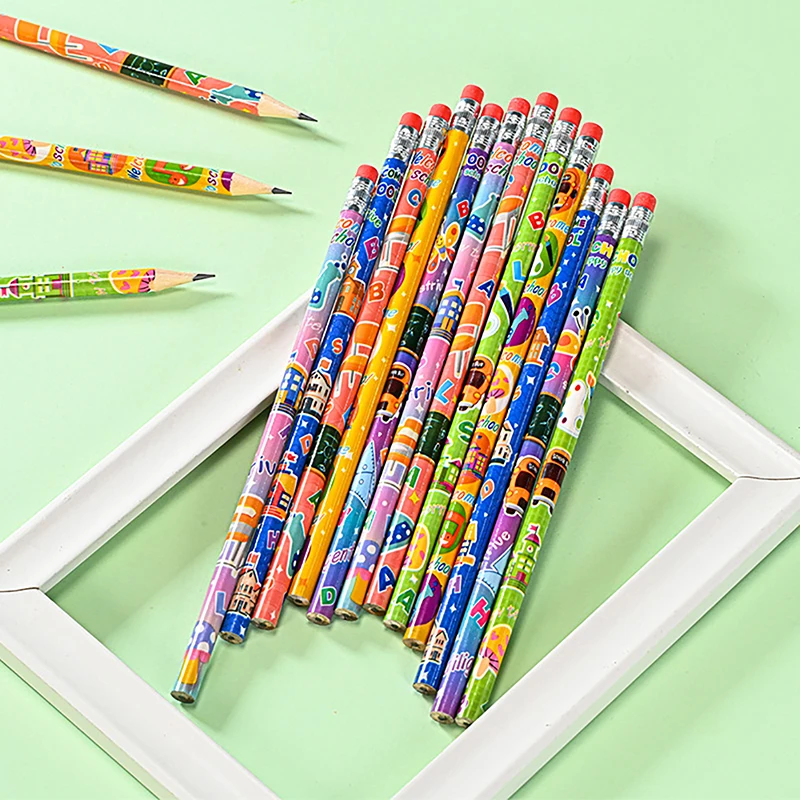 12pcs Wooden HB Pencil With Eraser Cute Sketch Drawing Pencil Student Writing Stationery Office Supplies Children's Gift