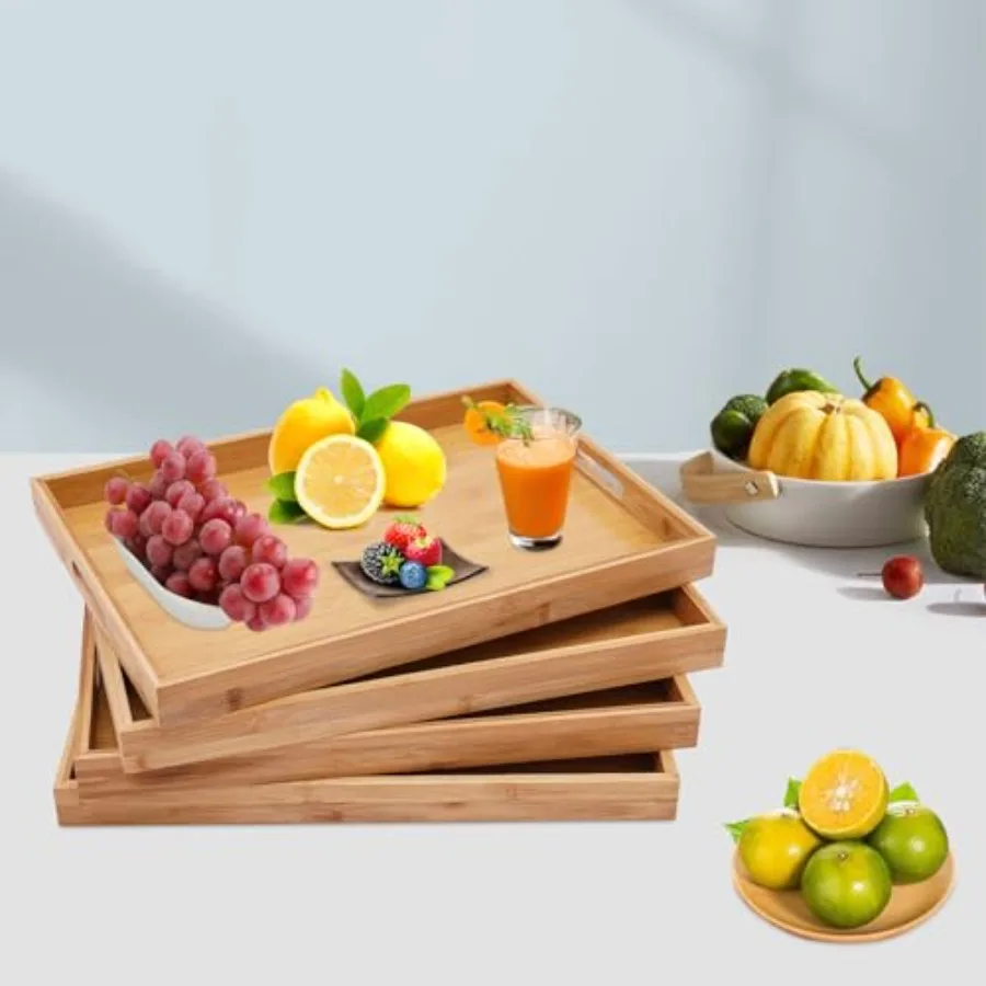 

4 Pack Large Bamboo Serving Trays with Handles Wooden Tray for Food Dinner Breakfast Portable Decorative Wood Plate for Kitchen