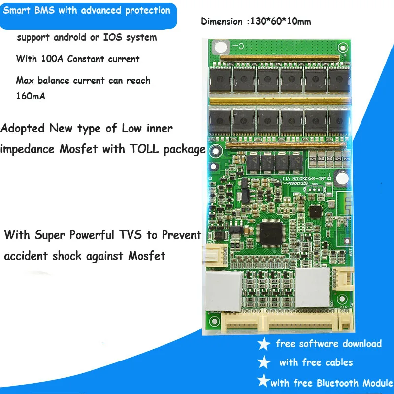 6S 7S 8S 9S 10S 12S 13S 14S 15S 16S 20S 24V 48V 60V 72V Li ion or Lifepo4  smart Bluetooth BMS with 100A constant current LFP