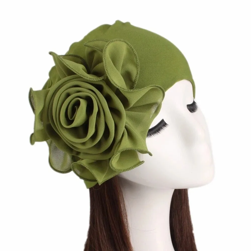 

Big Flower Women's Turban Cap One Size Elastic Head Wrap Cap Breathable Solid Color Side Flower Ramadan Hijab Ladies Hair Cover