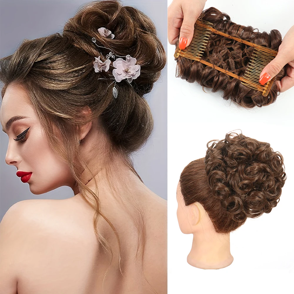 Curly Hair Chignon Synthetic with Comb Hair Bun Messy Wavy Elastic Rubber Band Chignon Wrap