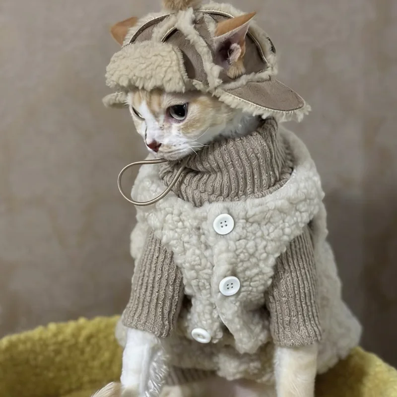 Warm Fleece Cat Jumpsuit with Hat Set for Hairless Cats, Soft Stretchy Winter One-Piece for Sphynx Devon Rex Bengal Abyssinian