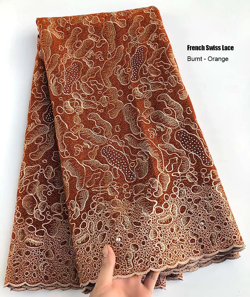 

Excellent Burnt Orange Double Embroidery Lace African Swiss Voile Lace Non Transparent French Couple Fabric Traditional Clothing