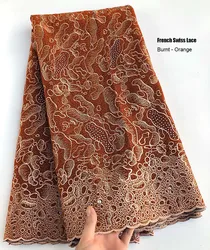 Excellent Burnt Orange Double Embroidery Lace African Swiss Voile Lace Non Transparent French Couple Fabric Traditional Clothing