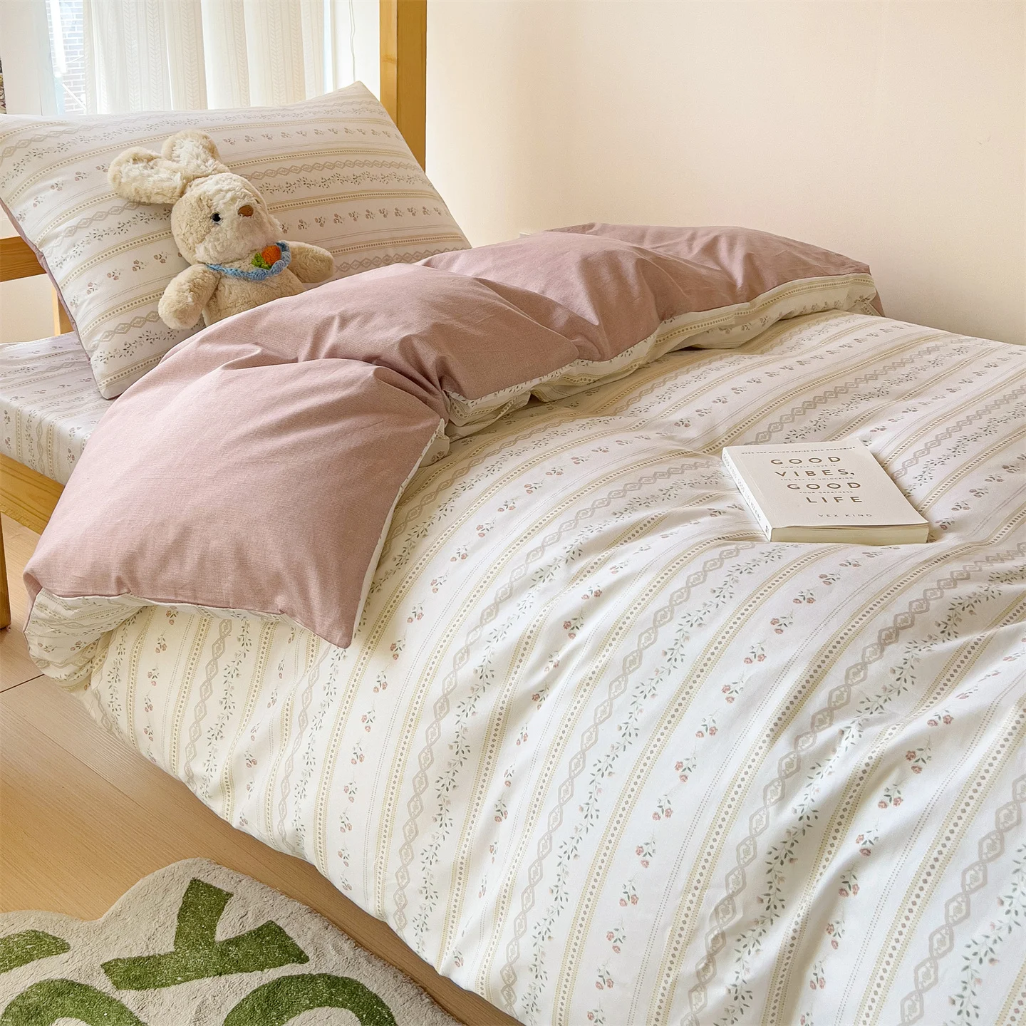 

K pop Style Back-to-School Pink Bedding Set Twin Full Queen Size Bed Girls Floral Bed Flat Sheet Pillowcase Kawaii Home Textile