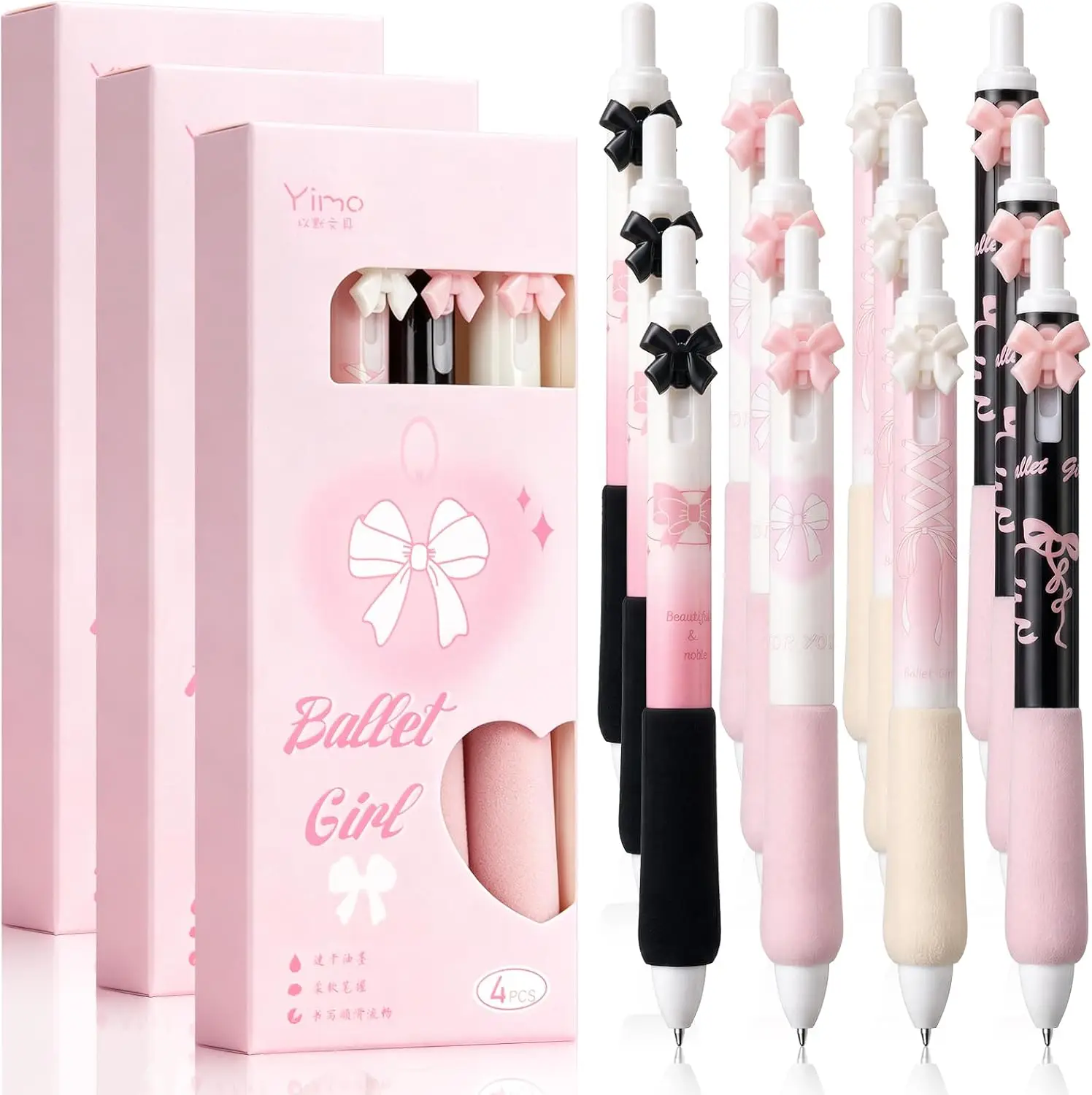 12 Pcs Pink Bow Pens Bulk, Cute Coquette Aesthetic Pink Black White Bow Pens with Ballet Girl Party Favors for Birthday Baby Shower Bridal Shower Wedding Office Back to School Supplies