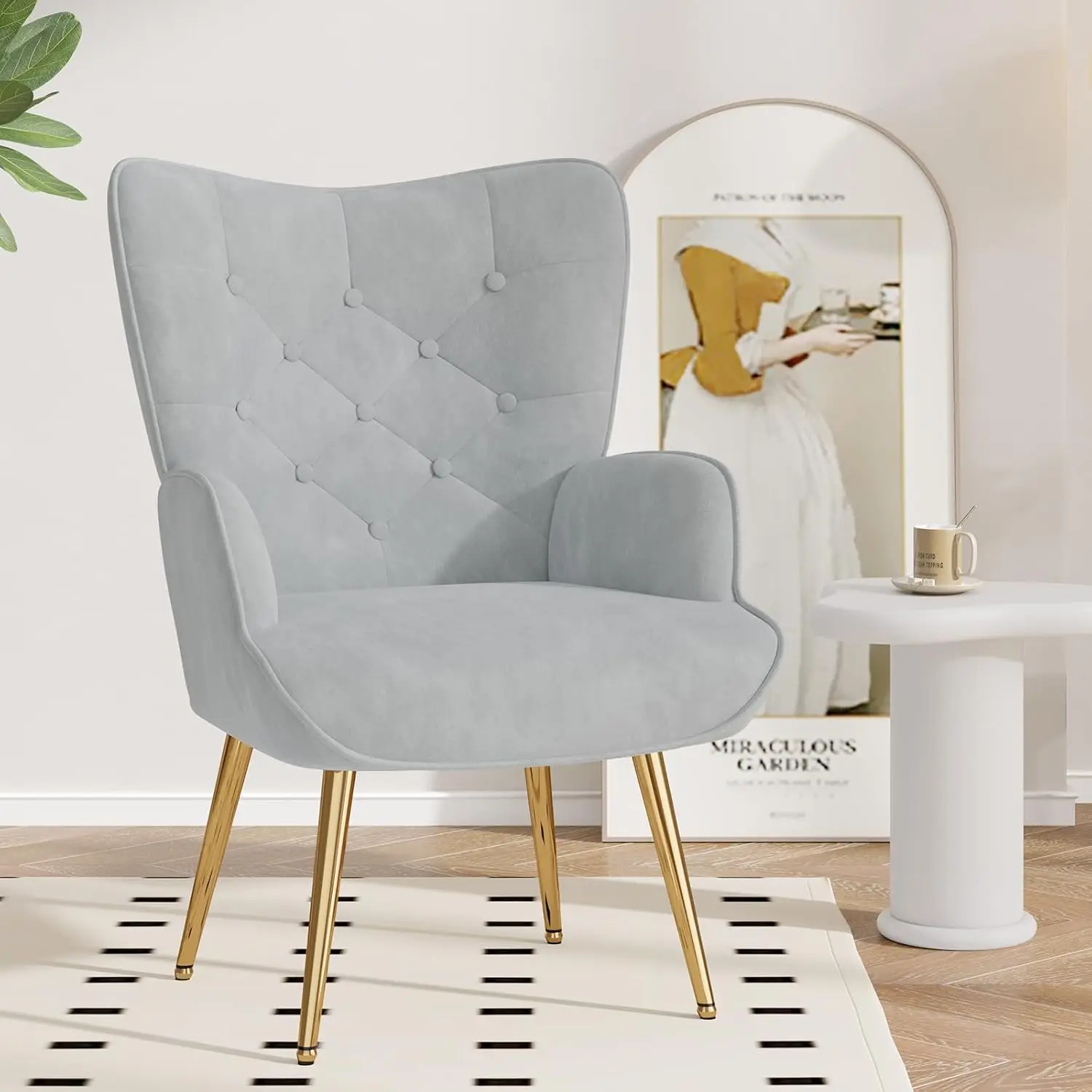 

Кресло в стиле Mid-Century Modern с велюровой обивкой, высокой спинкой на пуговицах, мягкое кресло-крыло с металлическими элементами, на заказ