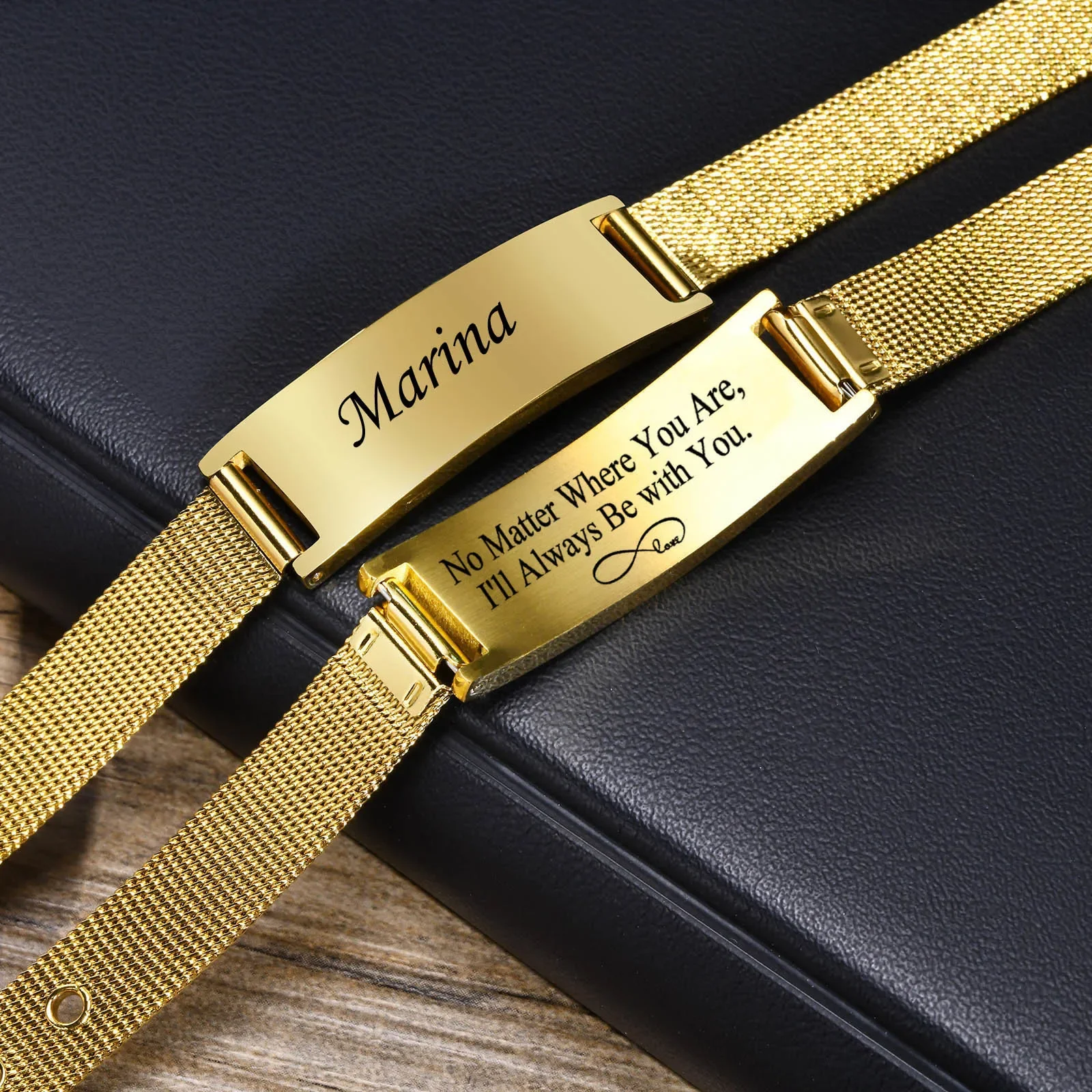 Personalized ID Bracelet for Women Men, Adjustable Chain Link, Milanese Watch Strap Stainless Steel Gold Plated