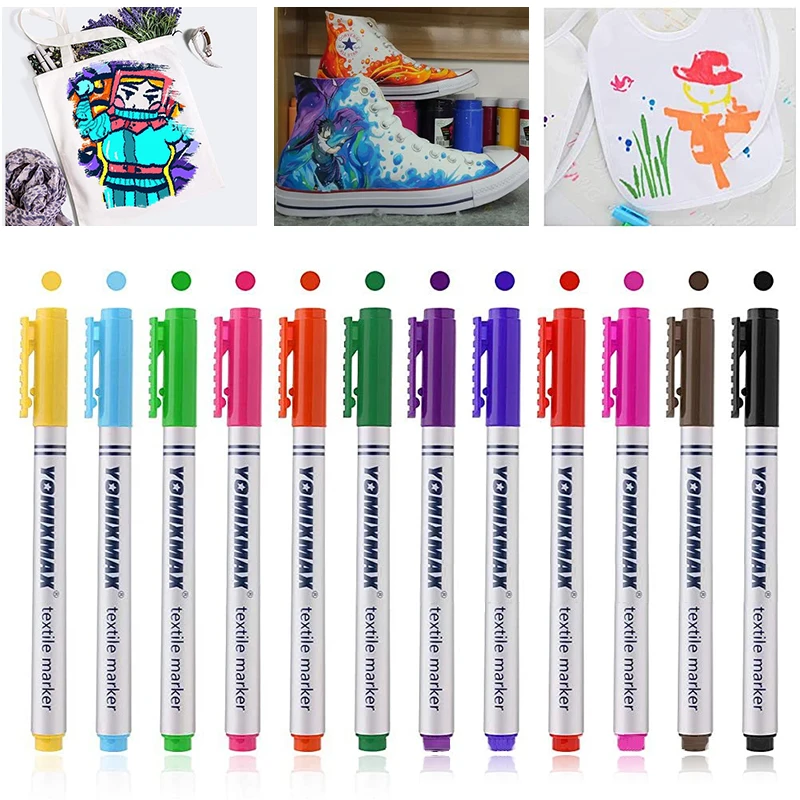 12 Colors Fabric Paint Marker Pen Set Clothes Canvas Textile DIY Crafts Graffiti Pigment Painting Pen School Student Stationery