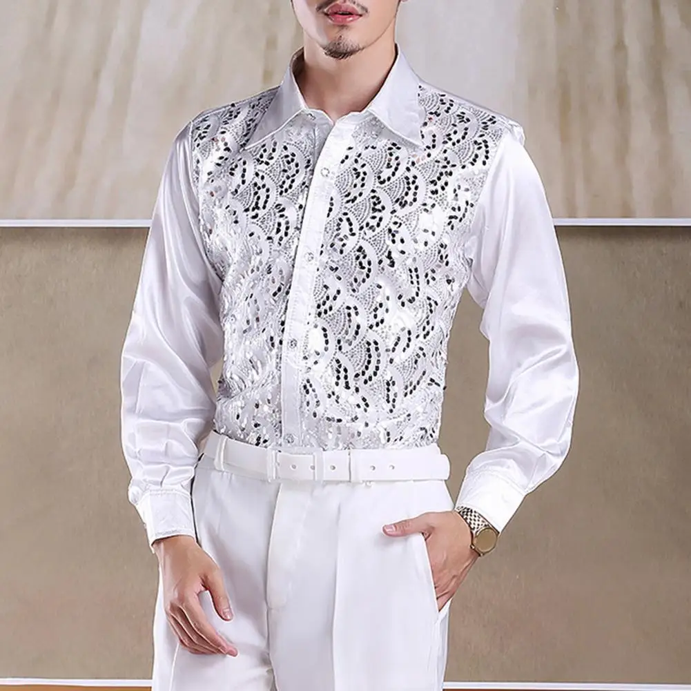 Men Sequins Performance Shirt Lapel Long Sleeve Single-Breasted Wedding Stage Shirt Slim Fit Formal Casual Shirt Tops