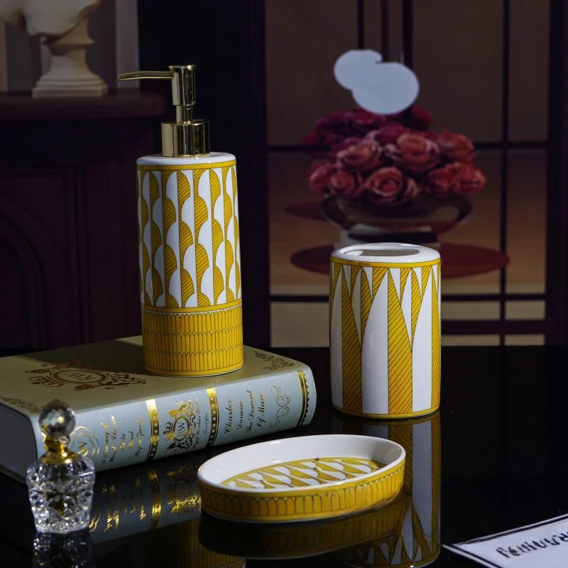 Geometric Pattern Bathroom Storage 5-Piece Set Toothbrush Bucket Pressing Bottle Housewarming Gift