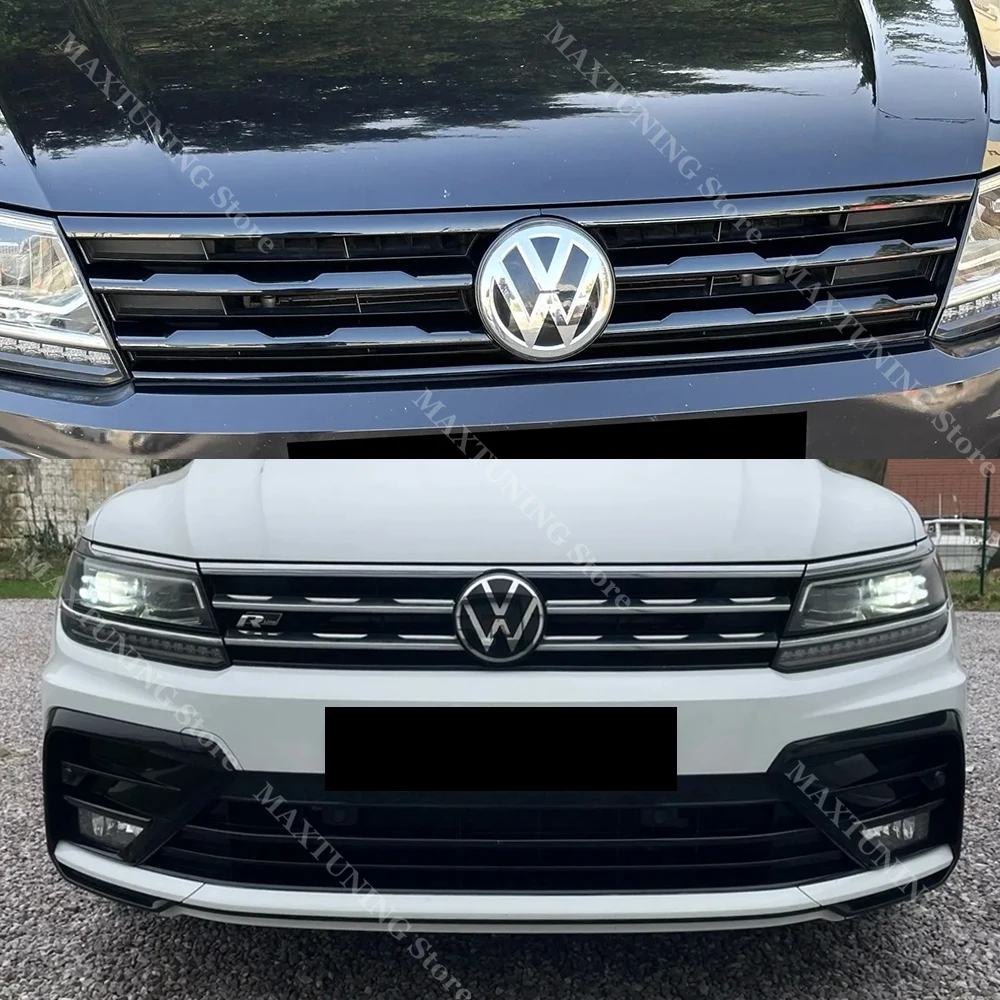 For VW Tiguan MK2 R-Line 2017-2021 Front Bumper Headlight Eyebrows Center Grille Fog Light Black Moulding Strips Stickers Trim