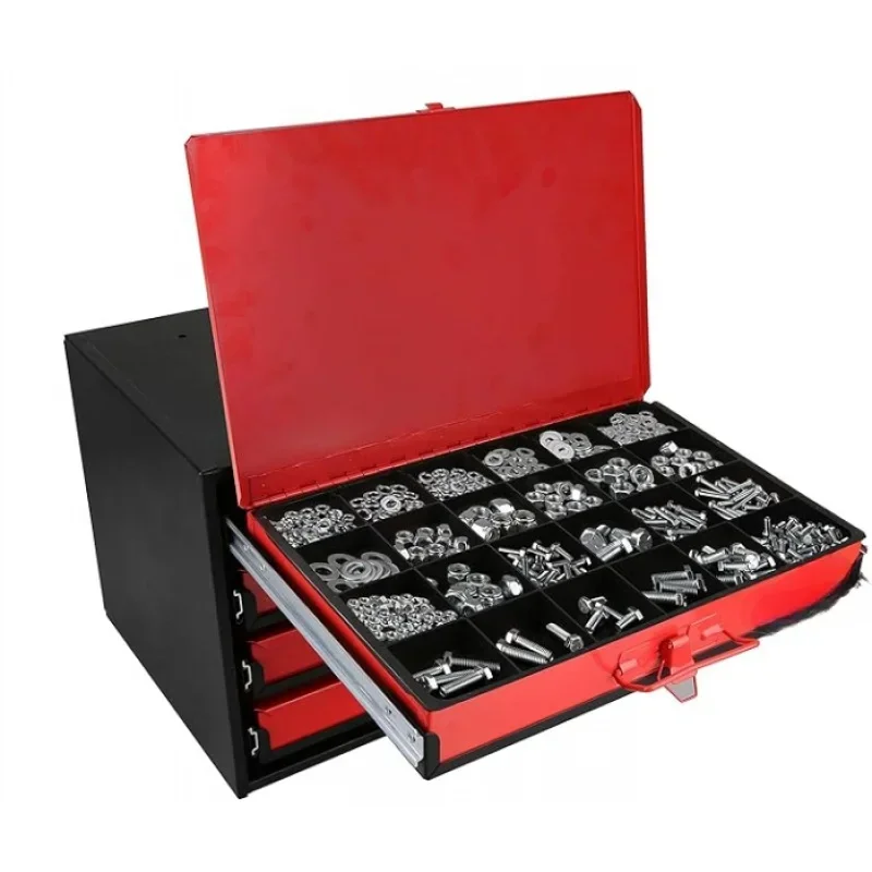 4 Drawer Hardware Storage Box Includes 2500 Small Hardware,Black/Red