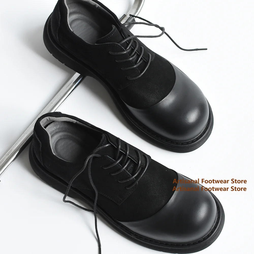 

Black Leather Casual Shoes for Men Thick-Soled Derby Shoes Round Toe Low-Cut Men's Shoes Trendy Luxury Handmade Men's Shoes
