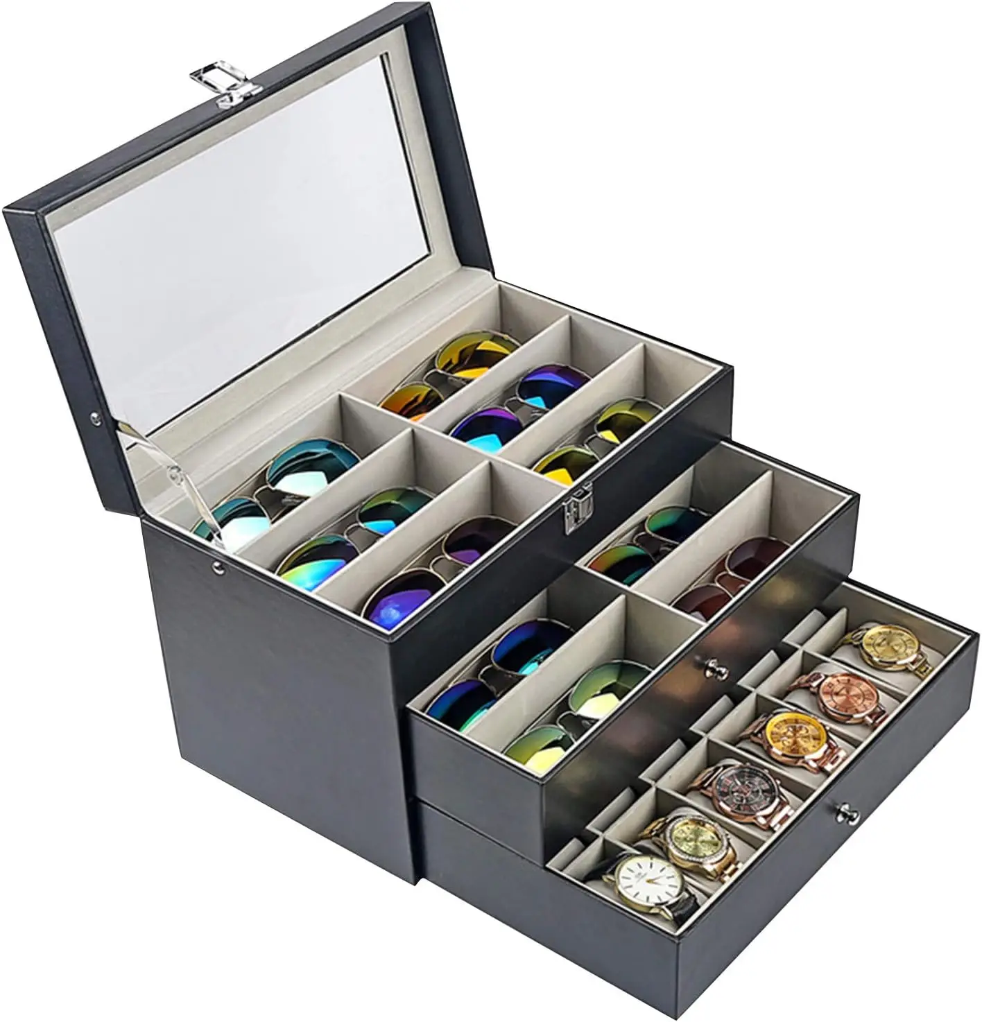 3 layer 24 Slots Eyeglass Sunglass Storage Watch Display Box Jewelry Accessories Display Glasses Storage Case Organizer Case