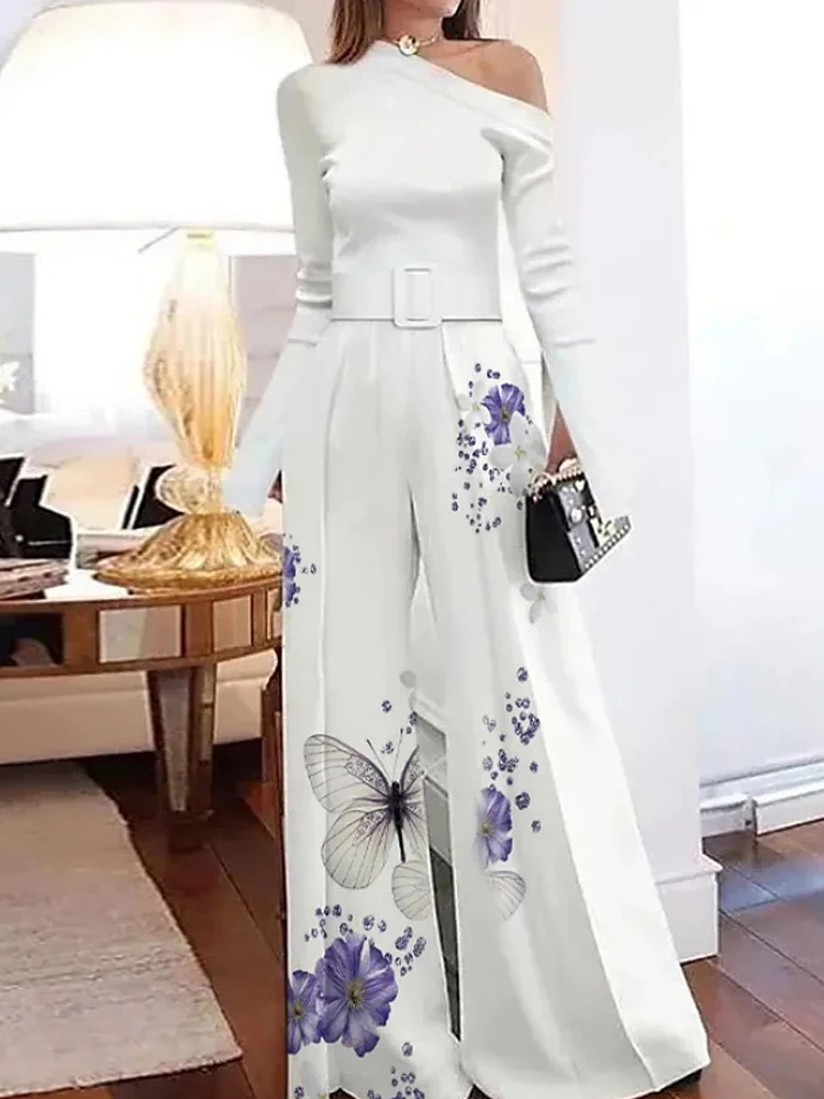 2022 New Wide Leg Pant Office Lady Loose Gradient Summer Matching Set Women One Off Shoulder Hollow Out Ladies Outfit Streetwear