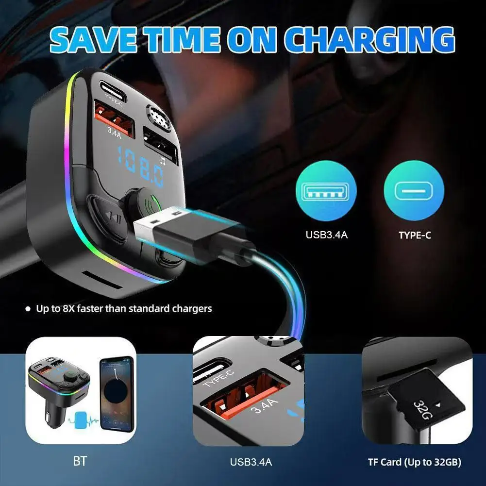 Car Charger Bluetooth 5.0 FM Transmitter PD Type-C Dual USB Ambient Player MP3 Charger Type-C Wireless Light Handsfree