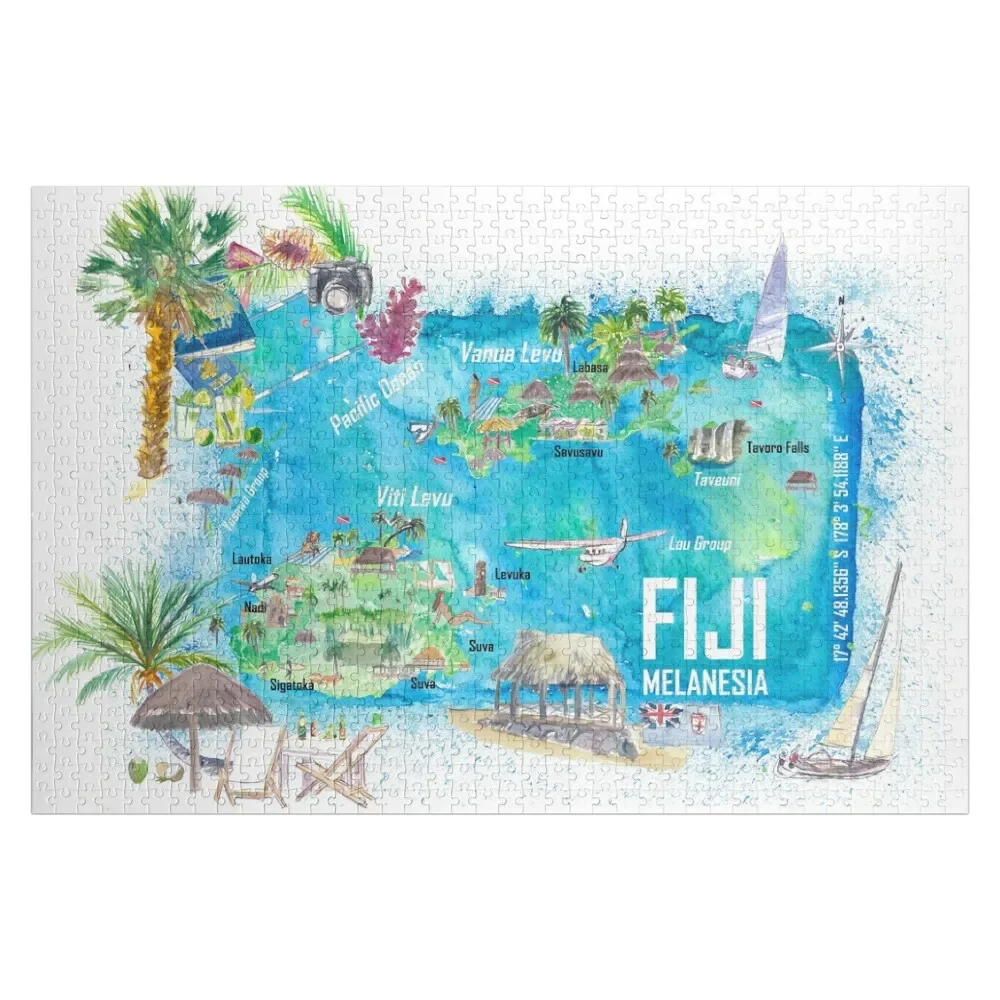 Fiji Illustrated Polynesia Island Travel Map with Roads and Highlights Jigsaw Puzzle Personalized Photo Gift Personalised Puzzle