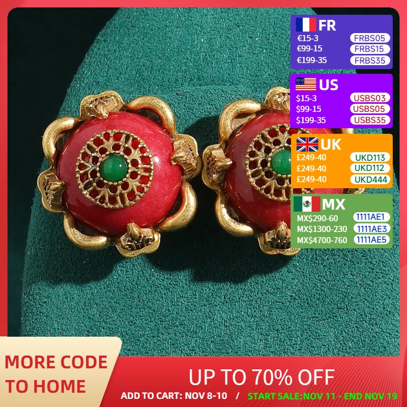 

Retro Red Natural Stone Stud Earring Antique Jewelry Gold Color Glass Round Leaf Vintage for Woman Accessories New Arrival 2025
