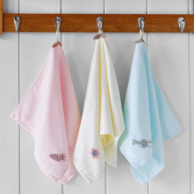 

1Pc 25x50cm 100% Cotton Cartoon Animal Flower Applique Children Hanging Hand Face Towel Solid Color Soft Bathroom Decor