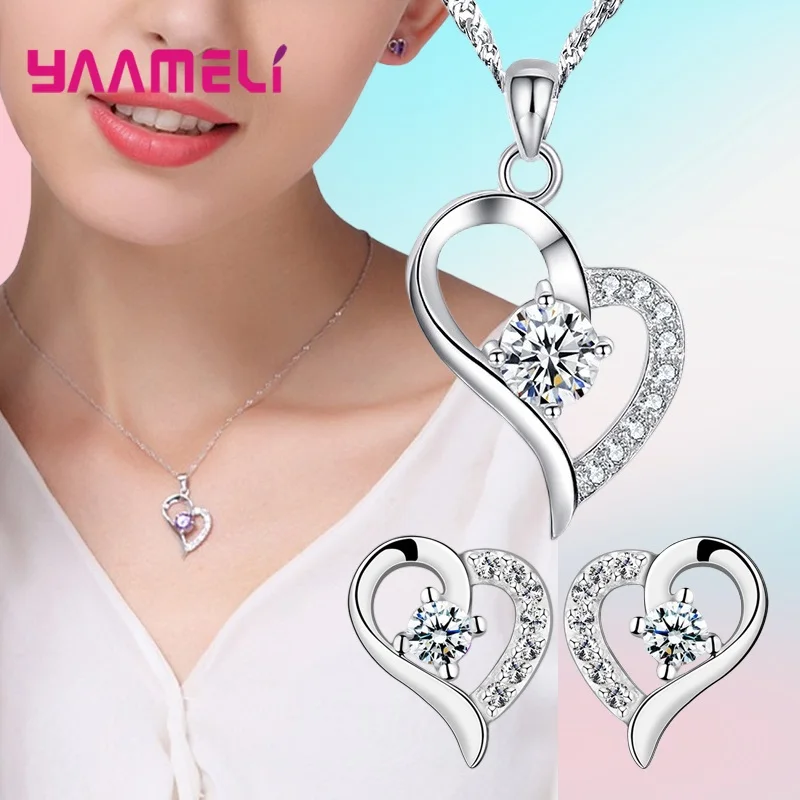 

925 Sterling Silver Jewelry Sets for Women Wedding Engagement Shiny Cubic Zircon Heart Charms Necklace Earrings