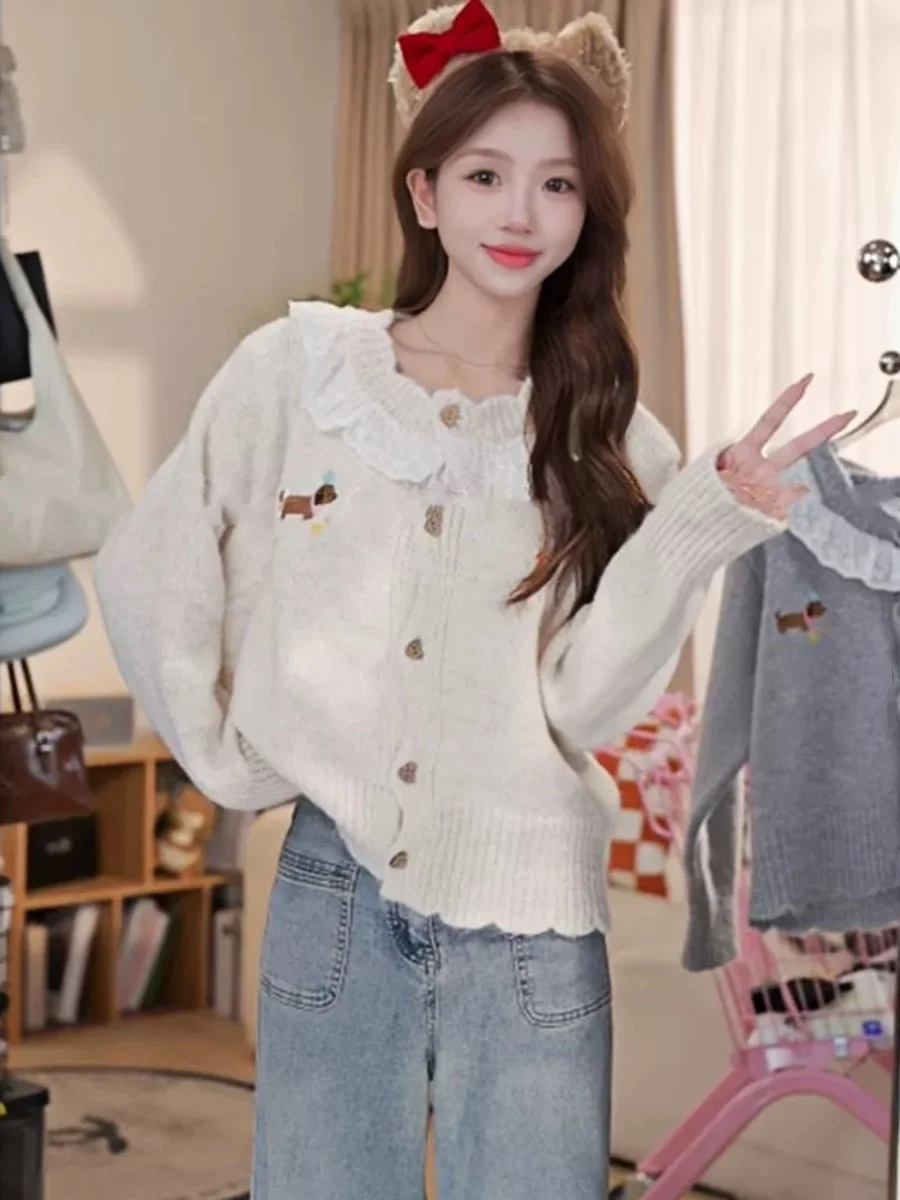 

Sweet Little Girl's Knitted Cardigan Embroidered Lace Collar Soft Polyester Fiber Long Sve Warmth Heating ort Sle