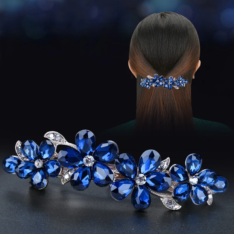 Korean Blue Crystal Flower Spring Hair Clip Vintage Rhinestone Horizontal Clip Top Clip Elegant Mom Fashion Hair Accessories