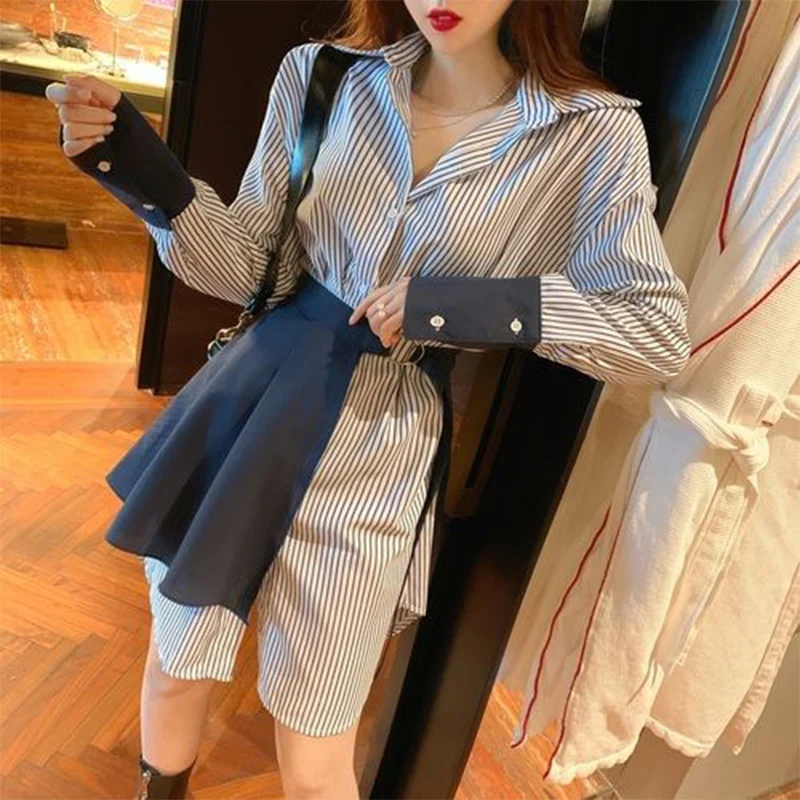 Spring Autumn Polo-neck Striped Patchwork Lace Up Shirt Dress Ladies Long Sleeve Loose Casual Vintage Blouse Women Cardigan Top