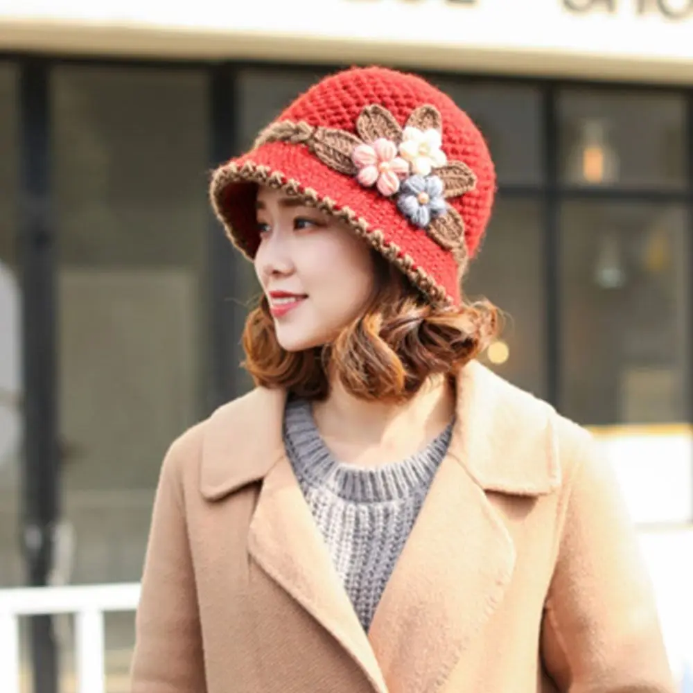 Casual Thickened Floral Wool Hat Warm Three-Dimensional Flower Knit Cap Old Age Cap Beanie Hat