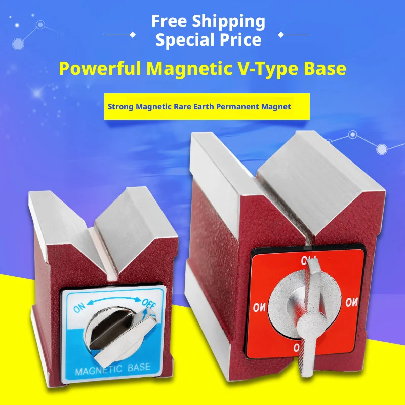 Adjustable Magnetic Triangular Base, 90° V-Groove + Flat, Rust-Resistant, ON/OFF, for Round/Square/45° Parts